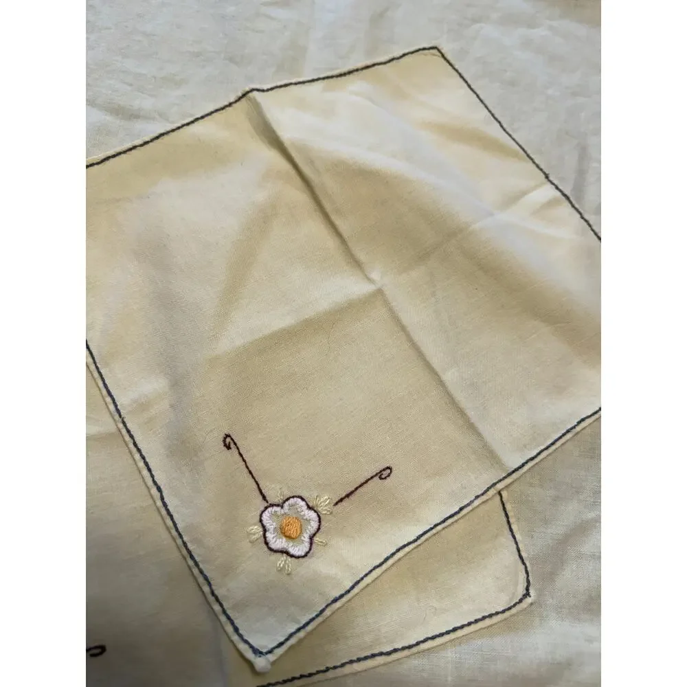 Vintage Handmade Yellow Floral Embroidered Tablecloth 2 Napkins Cottagecore Set